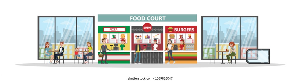 Food court in mall with restaurants and cafe on white.