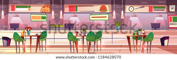 店内のモールショップの食品コートのベクターイラスト 店内のすし ピザ ファストフード バーガーのカフェテリアで カウンターにテーブルや椅子が付いている のベクター画像素材 ロイヤリティフリー