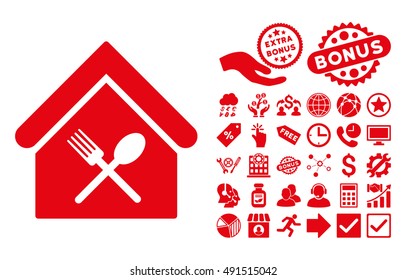 Food Court pictograph with bonus pictures. Vector illustration style is flat iconic symbols, red color, white background.