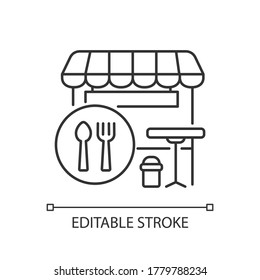 Food Court Pixel Perfect Linear Icon. Shopping Mall Indoor Cafeteria. Self Serve Cafe. Thin Line Customizable Illustration. Contour Symbol. Vector Isolated Outline Drawing. Editable Stroke