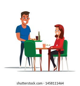 Food court, pizzeria flat vector illustration. Couple on lunch with pizza cartoon characters. Delicious meal sale business, catering service. Traditional italian snack