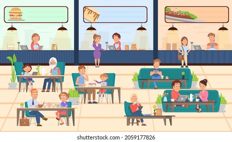 Food court. Restaurants, coffee buffet. People eat snacks at table. Service in shopping mall, take away food or canteen. Person eating and work decent vector scene