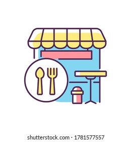 Food Court RGB Color Icon. Shopping Mall Indoor Cafeteria. Self-serve Cafe. Takeout Dish. Takeaway Restaurant Lunch. Isolated Vector Illustration