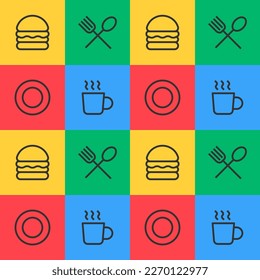 Food court seamless pattern with 4 foodies icons in squares. Perfect for restaurant, food court background textures. Food court pattern illustration.