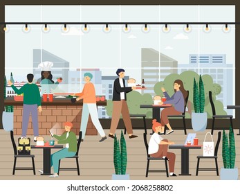 Food court or self service canteen, university cafe, buffet, cafeteria with students having lunch, vector illustration.