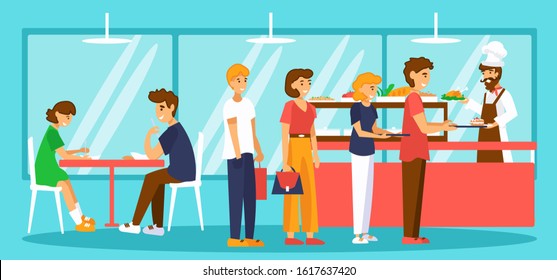 Food court or self-service canteen. People with trays are in queue. The cook gives meal to the guest. Young man and woman sit at the table and eating. Vector illustration with flat cartoon characters.