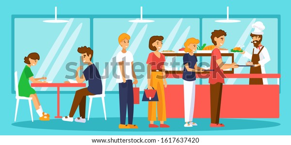 Food Court Selfservice Canteen People Trays Stock Vector (Royalty Free ...