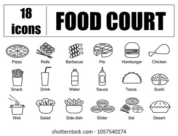 Food court set of icons, line, vector. Delivery of food, menu site