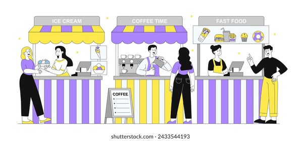 Food court set simple. People with street food and takeaway eating. Catering service. Ice cream, coffee and burger with french fries. Cartoon flat vector illustration isolated on white background