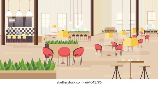 Pista de comida en el centro comercial. Ilustración vectorial horizontal con muchos asientos. ilustración vectorial plana.
