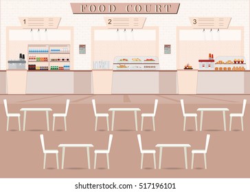 Food Court In A Shopping Mall With Food, Table And Chair , Flat Design Vector Illustration.