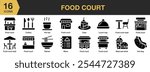Food Court solid icon set. Includes food court, cutlery, hot tea, cake, ramen, menu, seat, hot dog, and More. Solid icons vector collection.