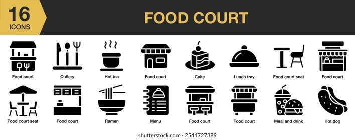 Comida Tribunal de ícone sólido conjunto. Inclui corte de alimentos, talheres, chá quente, bolo, ramen, menu, assento, cachorro-quente e muito mais. Coleção vetorial de ícones sólidos.