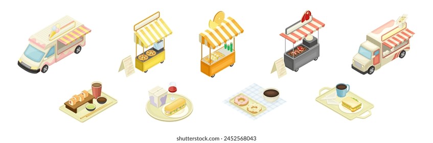 Food Court with Truck and Counter with Fast Snack Isometric Vector Set