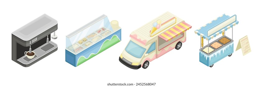 Food Court with Truck and Counter with Fast Snack Isometric Vector Set