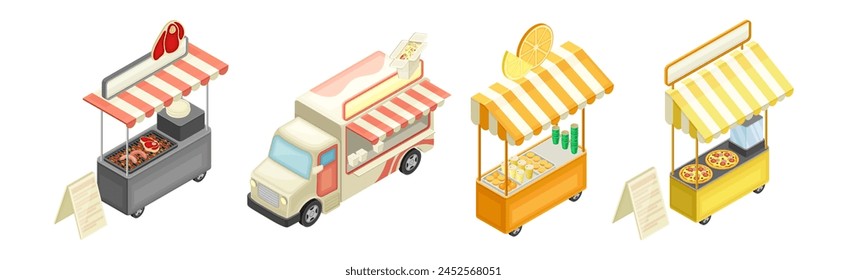 Food Court with Truck and Counter with Fast Snack Isometric Vector Set