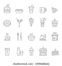 Food courts icons set. Black icons on white background. Outline set of food courts vector icons for web design