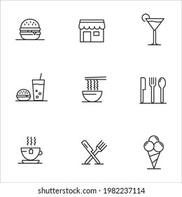 Food courts icons set. Outline set of food courts vector icons.