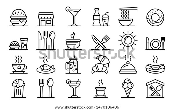 Food courts icons\
set. Outline set of food courts vector icons for web design\
isolated on white\
background