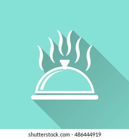 Food cover vector icon with long shadow. White illustration isolated on green background for graphic and web design.