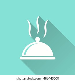 Food cover vector icon with long shadow. White illustration isolated on green background for graphic and web design.