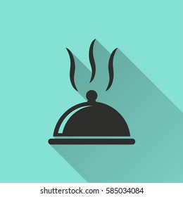Food cover vector icon with long shadow. Black illustration isolated on green background for graphic and web design.