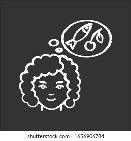 Food craving chalk white icon on black background. Woman on healthy diet. Lady with appetite. Thinking of nutritious meal. Early pregnancy symptom. Isolated vector chalkboard illustration