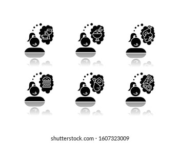 Food craving drop shadow black glyph icons set. Woman thinking of unhealthy snack. Delicious treat. Thoughts of fast food. Burger, pizza. Ice cream. Appetite and hunger. Isolated vector illustrations