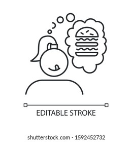 Food craving linear icon. Girl thinking of burger. Thought of sandwich. Fast food. Cheeseburger, hamburger. Thin line illustration. Contour symbol. Vector isolated outline drawing. Editable stroke