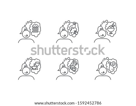 Food craving linear icons set. Woman thinking of unhealthy snack. Delicious treat. Appetite and hunger. Thin line contour symbols. Isolated vector outline illustrations. Editable stroke. Perfect pixel
