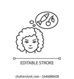 Food craving pixel perfect linear icon. Woman on healthy diet. Thinking of nutritious meal. Thin line customizable illustration. Contour symbol. Vector isolated outline drawing. Editable stroke