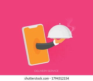 Food creative concept, restaurant cloche in hand, app service, enjoy your meal. Mobile service, delivery service