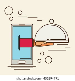 Food creative concept, restaurant cloche in hand, app service, enjoy your meal. Mobile service, delivery service