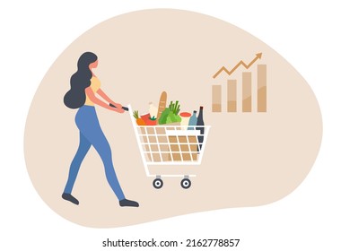 Food crisis concept, woman with grocery shopping cart and rising up arrow graph vector illustration. Food inflation, food price increase from economic recession