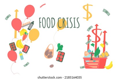 Food Crisis, Inflation, Hunger, Global Humanitarian Catastrophe. High Prices For Alimentary Products. Starvation And Malnutrition Banner. Landscape Vector Illustration Isolated On A White Background