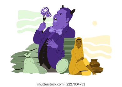 Food Crisis and Shortage with Fat Man Eating Steak and Poor Woman with Empty Utensils Vector Illustration