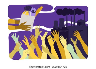 Food Crisis and Shortage with Hand Donating Product Bag to Crowd of Reaching Hands Vector Illustration
