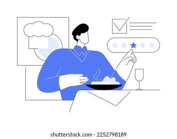 Lebensmittelkritisches abstraktes Konzept, Vektorgrafik. Analysieren Sie Essen, Restaurant-Chef, Schreib-Review, Bewertung, Expertenmeinung, kulinarische Show, Undercover-Gast, Reiseführer abstrakte Metapher.