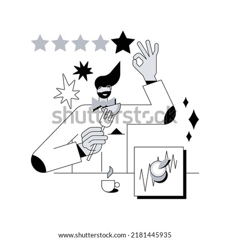 Food critic abstract concept vector illustration. Analyze food, restaurant chef, write review, rating, expert opinion, culinary show, undercover guest, travel guide abstract metaphor.