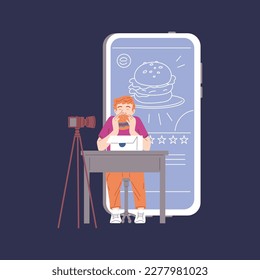 Food critic or food blogger eats behind camera and leaves a video review on social media. Food blogging and critic, flat vector illustration isolated on background.