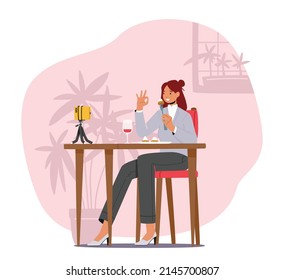 Food Critic or Blogger Recording Video on Smartphone while Visiting Five Stars Restaurant. Woman Trying Food and Making Reviews. Satisfied Foodie Character Eating. Cartoon People Vector Illustration