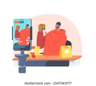 Food Critic or Blogger Recording Video on Smartphone while Visiting Fast Food Restaurant. Man Trying Burger and Making Reviews. Satisfied Foodie Character Eating. Cartoon People Vector Illustration