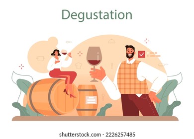 Food critic concept. Professional blogger making review and ranking a causine. Taster making an opinion on food or wine. Product degustation. Flat vector illustration