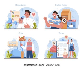 Food critic concept set. Professional writer making review and ranking causine. Taster making an opinion on food, wine, coffee. Product degustation. Flat vector illustration