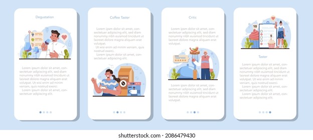 Food critic concept set. Professional writer making review and ranking causine. Taster making an opinion on food, wine, coffee. Product degustation. Flat vector illustration