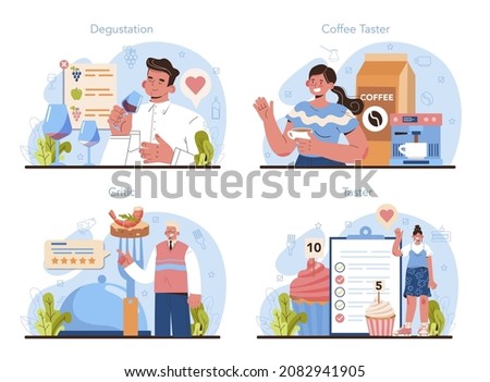 Food critic concept set. Professional writer making review and ranking causine. Taster making an opinion on food, wine, coffee. Product degustation. Flat vector illustration