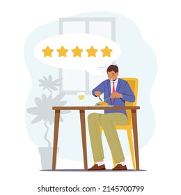 Food Critic, Expert Visiting Restaurant for Trying Food and Making Reviews. Satisfied Foodie Male Character Sitting at Table Enjoying Delicious Five Stars Meals. Cartoon People Vector Illustration