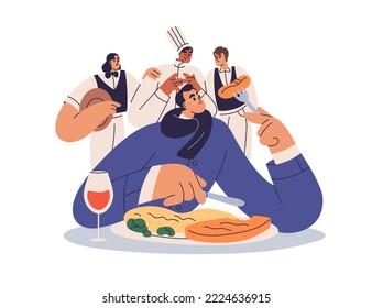 Food critic in haute cuisine restaurant. Important guest, foodie tasting dish and wine. Gourmet guide eating, estimating chef cooks meal. Flat vector illustration isolated on white background