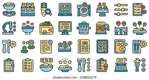 Food Critic Icons Set Outline Vector. Restaurant Food. Social Review Thin Line Color Flat On White