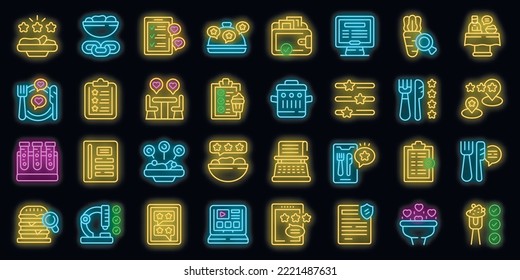 Food Critic Icons Set Outline Vector. Restaurant Food. Social Review Neon Color On Black